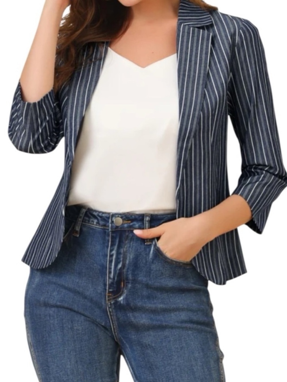 Allegra K Striped 3/4 Sleeve Open Front Blazer Jacket Size Medium New